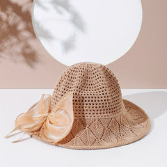 Khaki Hollow Out Sun Hat Ribbon Bowknot Summer Bucket Hat