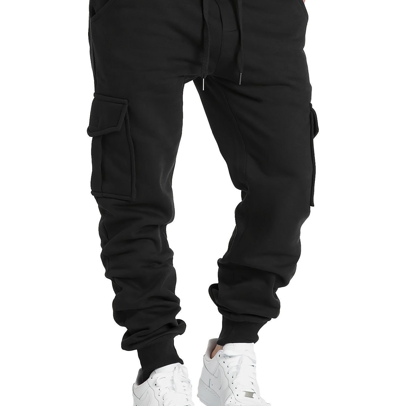 Men's Drawstring Fleece Cargo Pants Loose Jogger Pants