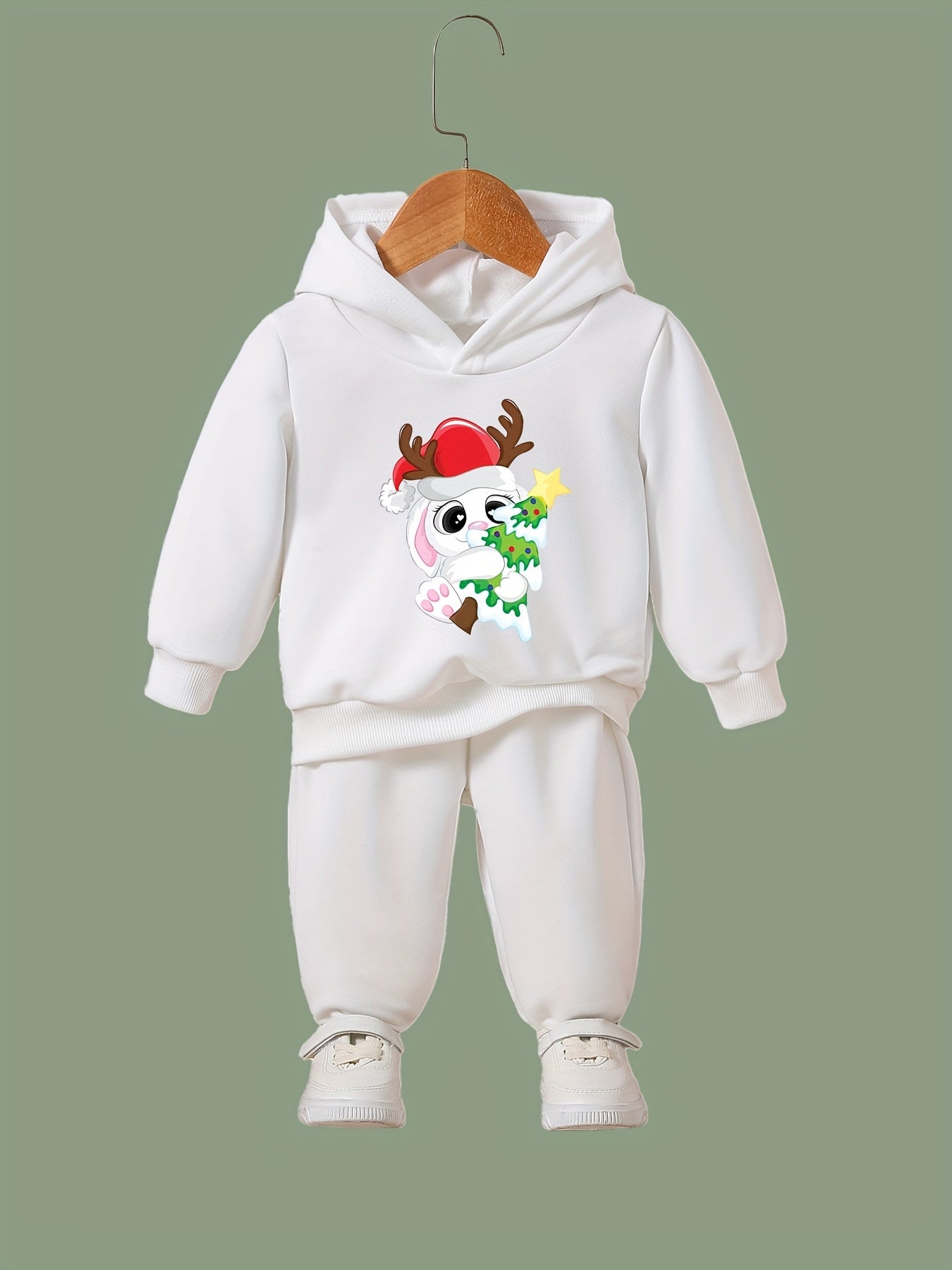 Christmas Bunny Print Hoodies Pants Set For Kids Activewear Set