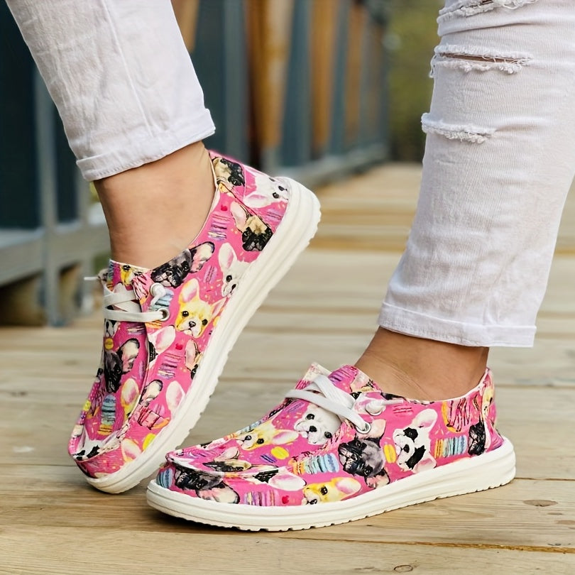 Women's Colorblock Dog Print Canvas Shoes Low Top Lace Up Round Toe Casual Shoes