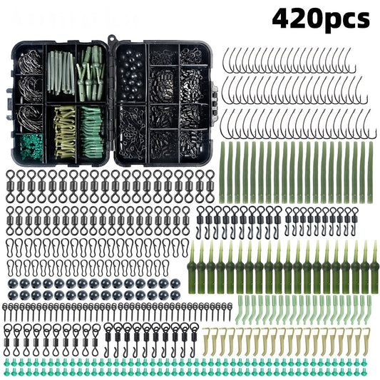420 Piece Carp Fishing Kit Hooks Materials Portable Box Bass Silver Carp