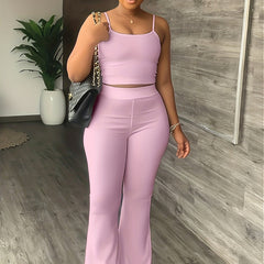 Solid Matching Two Piece Set Crop Cami Top & High Waist Flare Leg Pants Outfit