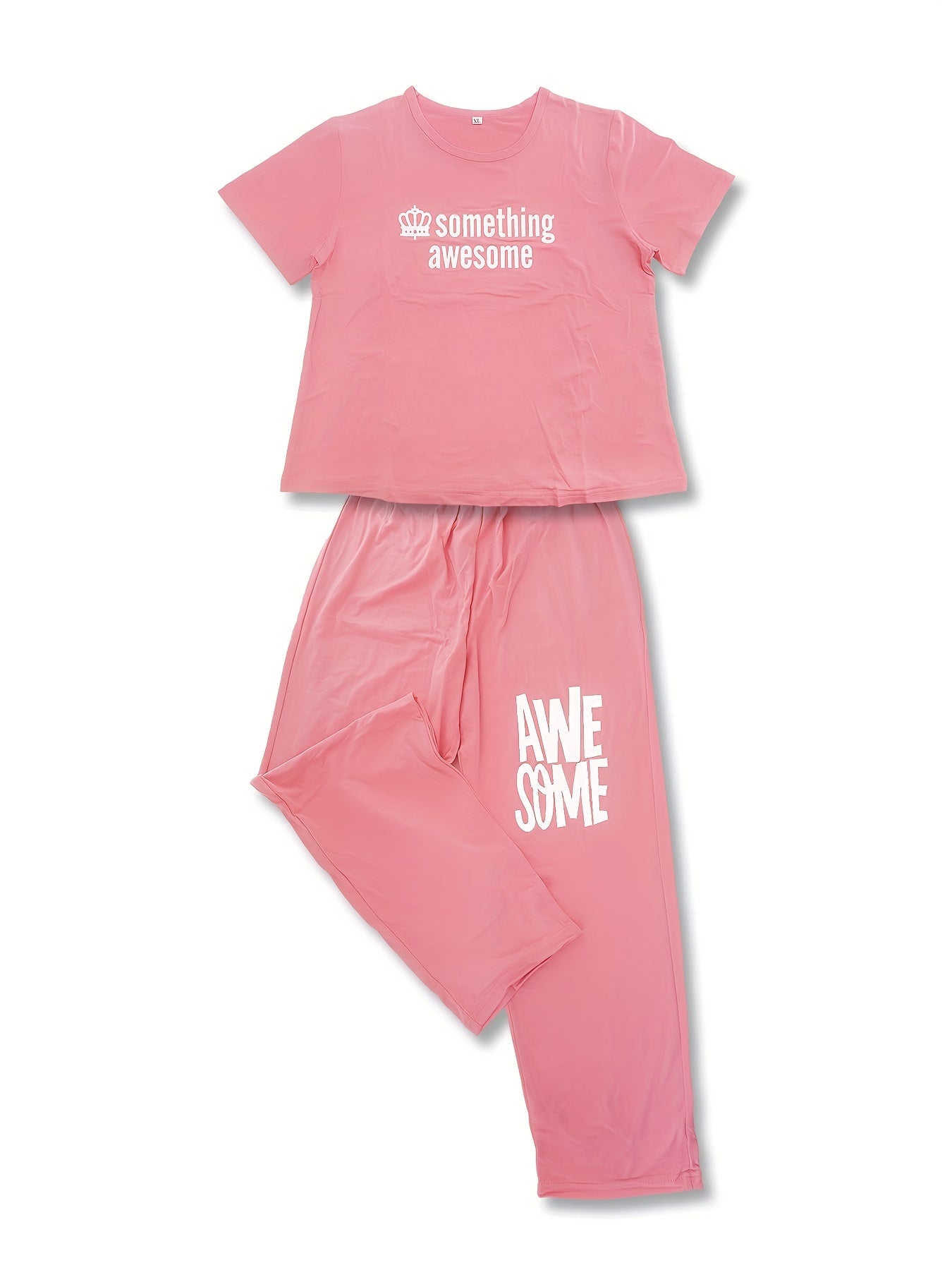 Letter Print Lounge Set Short Sleeve Crew Neck Top & Elastic Waistband Pants