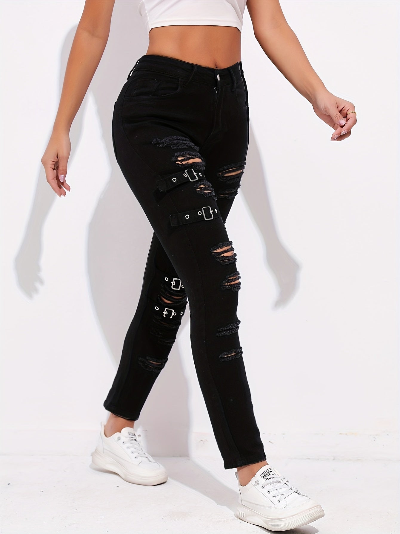 Ripped Skinny Jeans with Grommet Buckle Detail