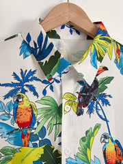 Leaves & Parrot Pattern Men's Short Sleeve Shirt for Summer