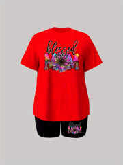 Flower & Letter Print Tee & Shorts Set