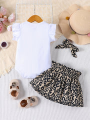 Leopard Print Romper Skirt & Headband Set for Baby Girls