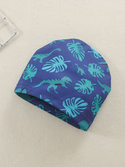 Boys Dino & Leaves Print Swim Trunks & Cap Set for Beach Vacation