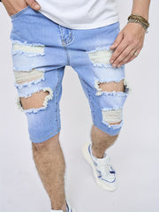 Vintage Ripped Denim Shorts Men's Casual Street Style Mid Stretch Denim Shorts