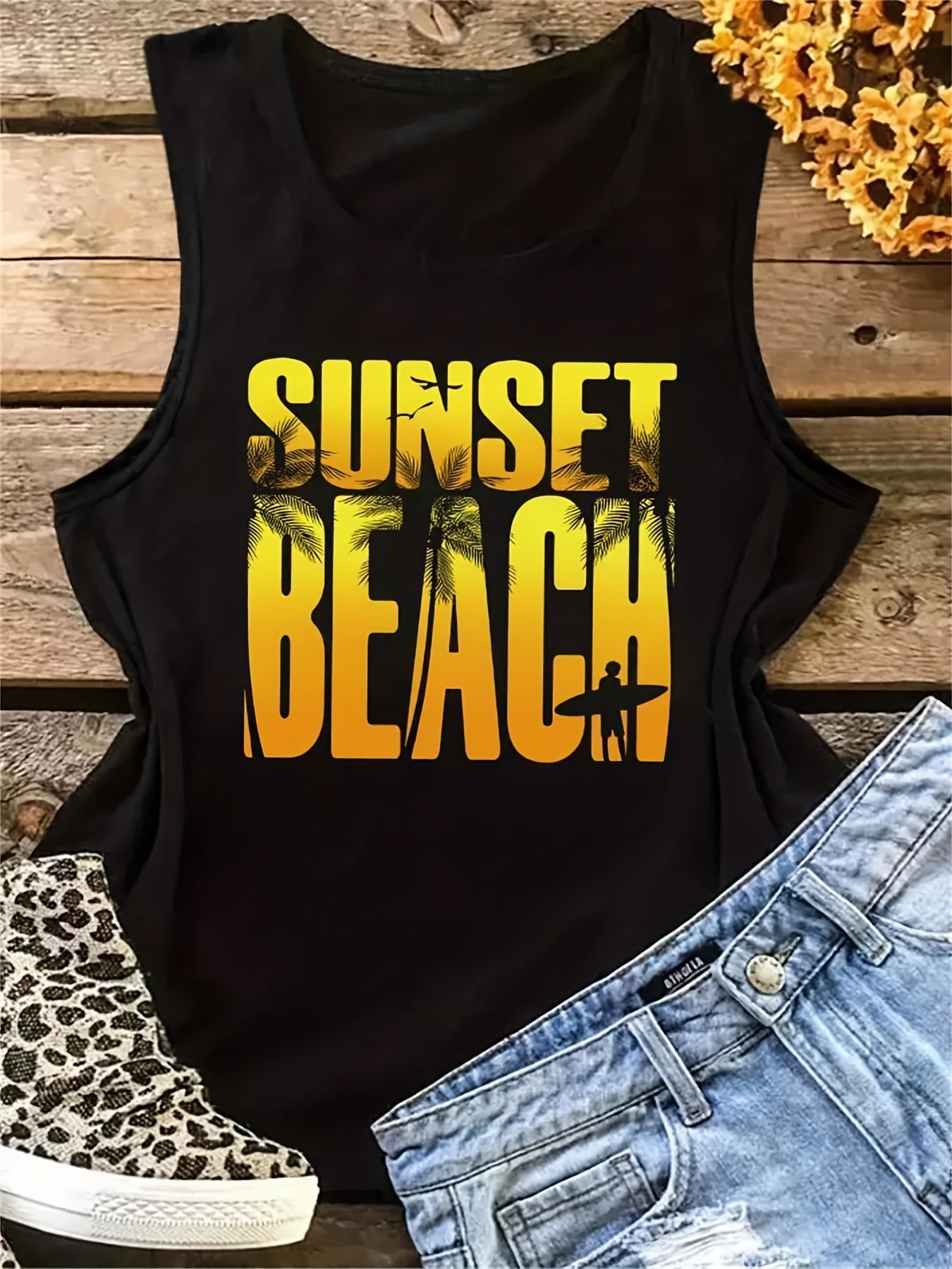 Sunset Beach Print Tank Top Sleeveless Summer Tank Top Women's Clothing
