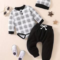 Baby Boy's Plaid Romper & Pants Set Fall Winter Newborn's Clothes