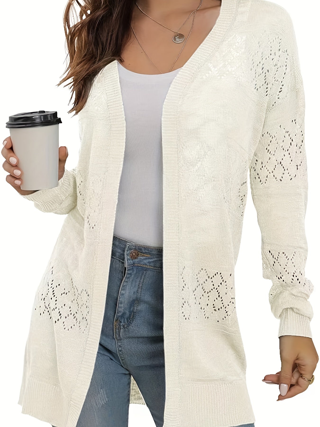 Hollow Out Knit Cardigan Open Front Long Sleeve Women's Clothing