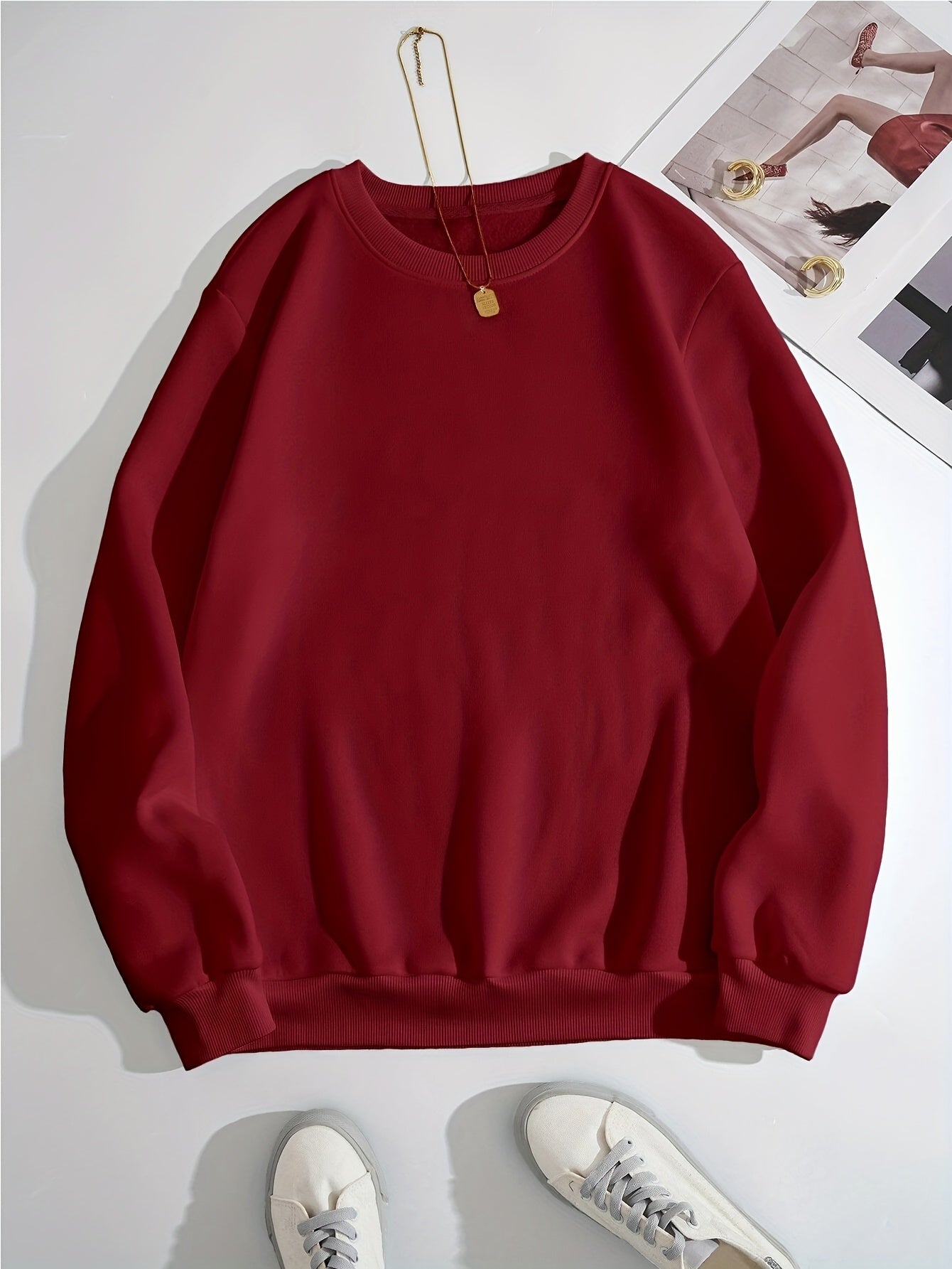 Solid Crew Neck Long Sleeve Sweater Plush Inner Outwear Pullover Shirt