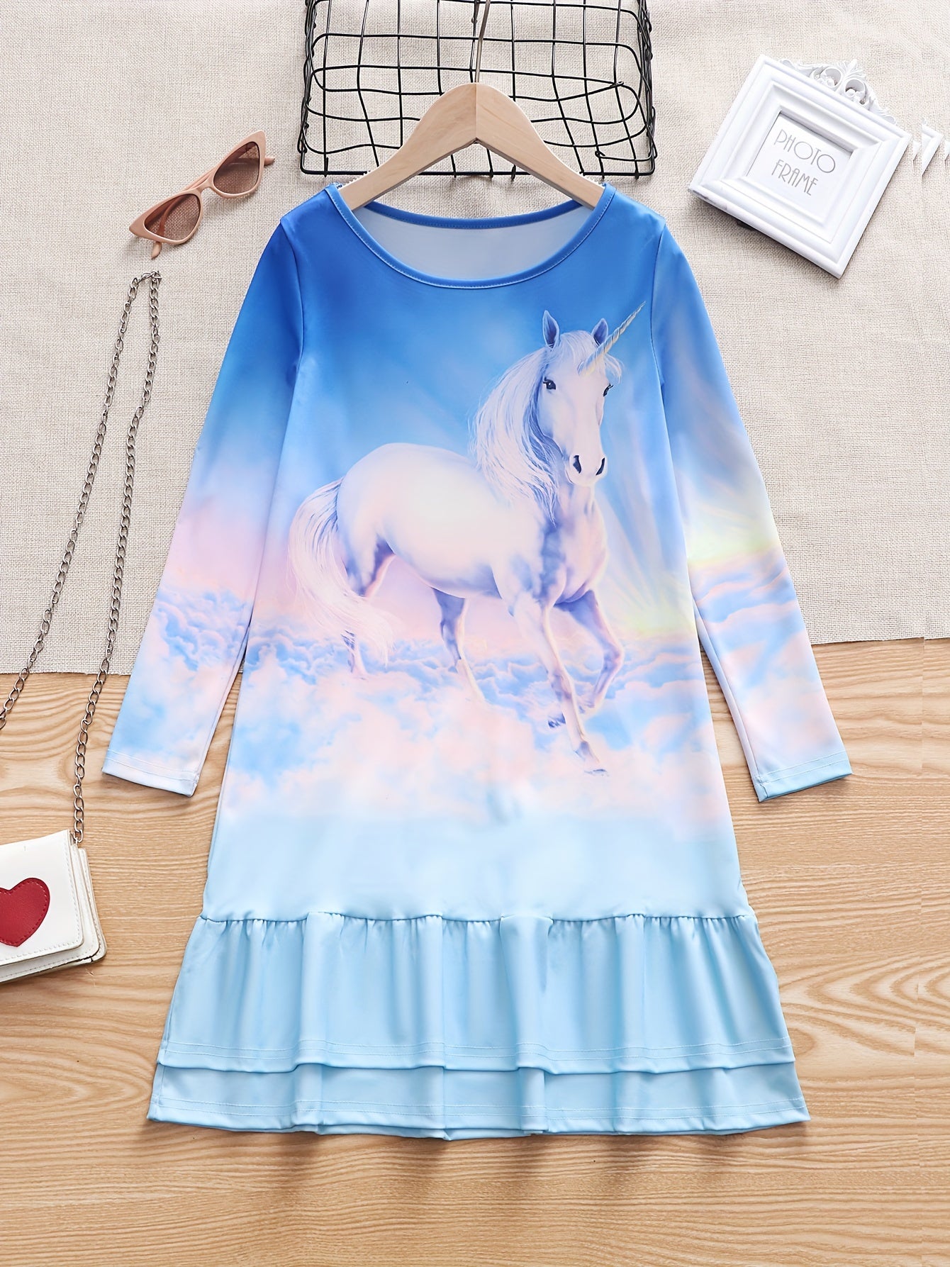 Girls Casual Rainbow Unicorn Print Crew Neck Long Sleeve Dress