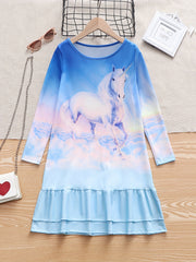 Girls Casual Rainbow Unicorn Print Crew Neck Long Sleeve Dress