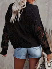 Solid Crew Neck Lace Pullover Sweater for Women