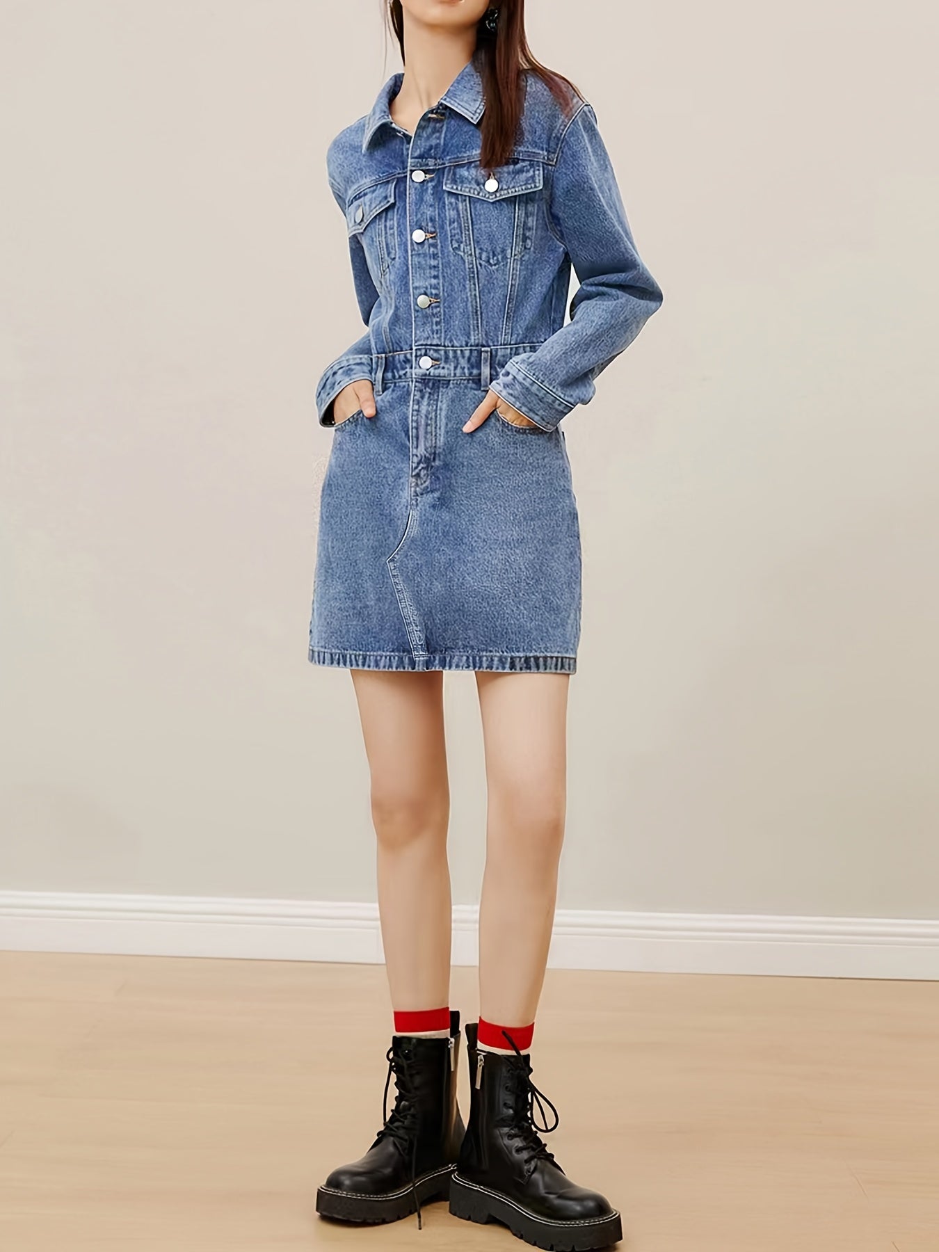 Flap Pockets Denim Dress Long Sleeve Single Breasted Button Dress