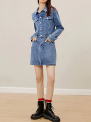 Flap Pockets Denim Dress Long Sleeve Single Breasted Button Dress