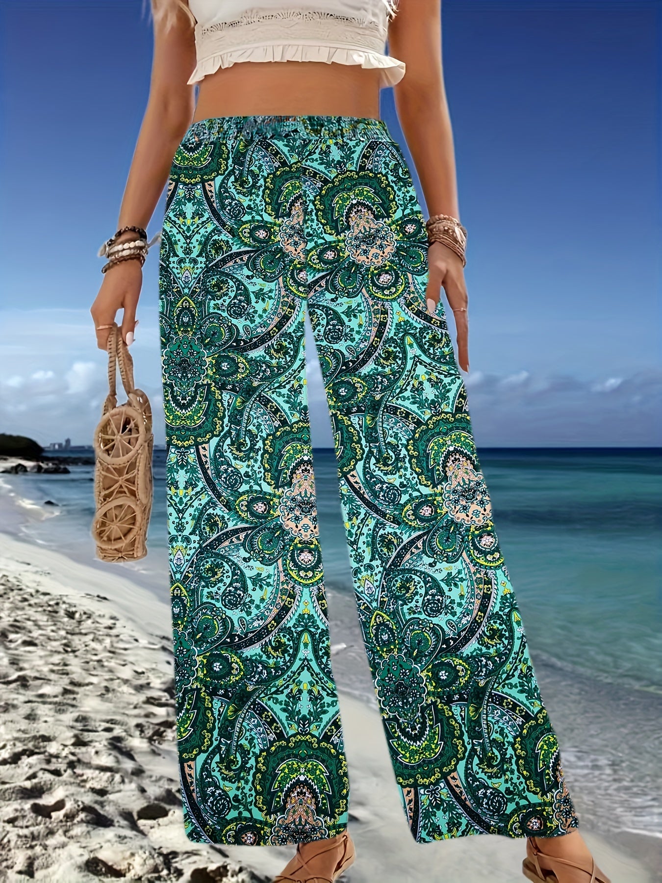 Paisley Print Wide Leg Pants Boho Elastic Waist Long Length Pants