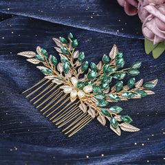 Alloy Leaf Hair Comb Vintage Green Rhinestone Bridal Hair Accessory