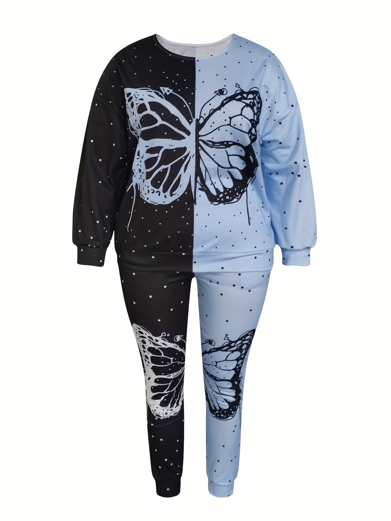 Women's Plus Butterfly Print Round Neck Top & Pants Set