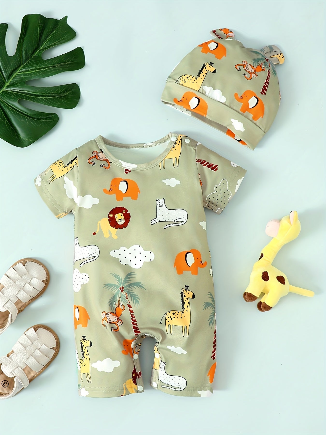 Cute Animal Print Baby Boys 2pc Romper & Hat Set