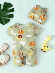 Cute Animal Print Baby Boys 2pc Romper & Hat Set