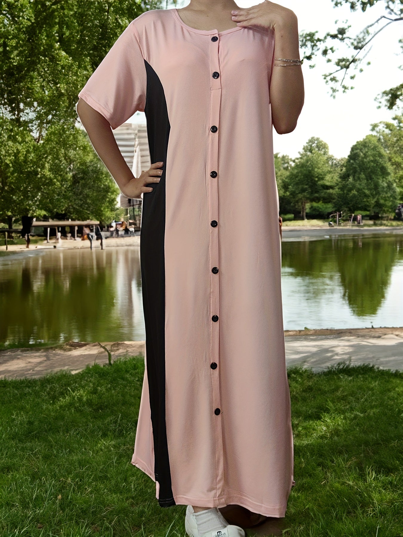 Colorblock Abaya Dress Short Sleeve Maxi Dress