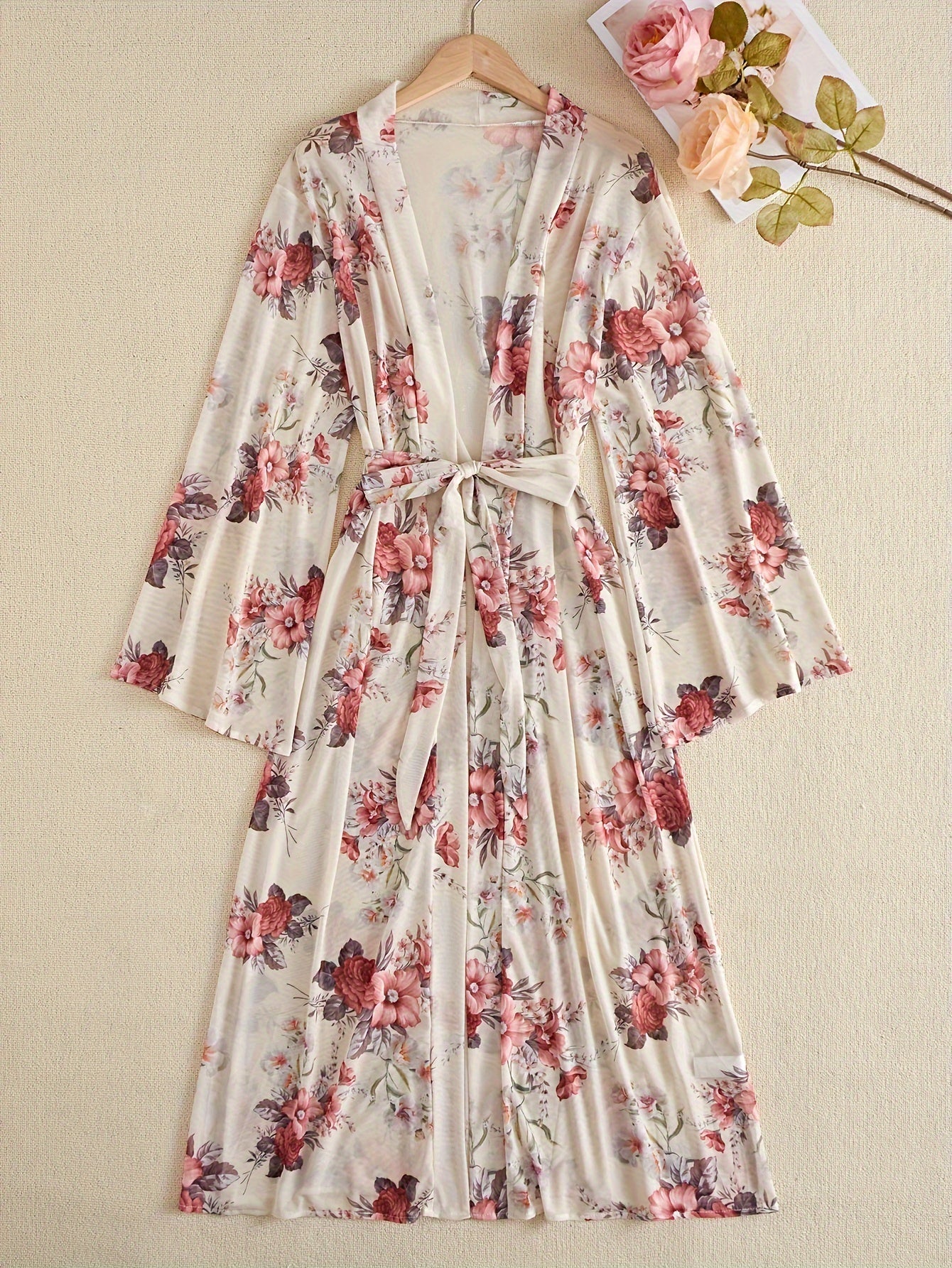 Floral Print Mesh Night Robe Long Sleeve V Neck Robe With Belt