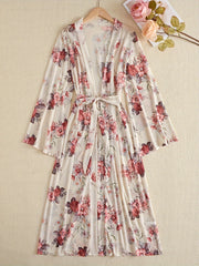 Floral Print Mesh Night Robe Long Sleeve V Neck Robe With Belt