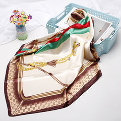 Beige Silk Line & Chain Square Scarf Large Shawl Women Headwrap Hair Accessories