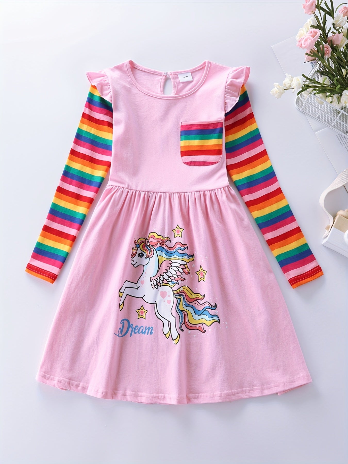 Unicorn Cotton Dress For Girls Long Sleeve Playwear