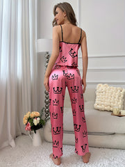 Crown Print Pajama Set V Neck Cami Top & Elastic Waistband Pants