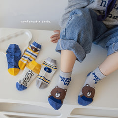 5 Pairs Boys Cartoon Bear Stripe Socks Spring Summer