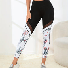 Flower Print Mesh Contrast Yoga Leggings High Stretch Sports Running Tight Pants