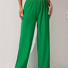 Solid Color Wide Leg Pants Elastic Waist Casual Stylish Trousers