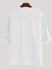 Men's Casual Ethnic 3 4 Sleeve Stand Collar Shirt Vintage Trachten Shirt