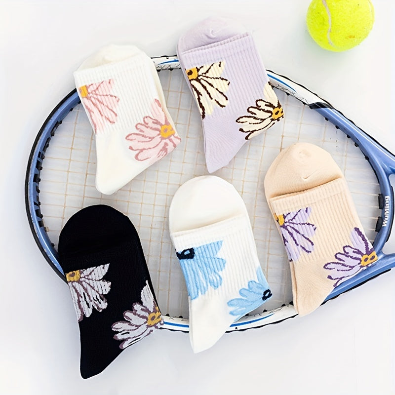 5 Floral Print Socks Comfy & Breathable Mid Tube Women's Stockings