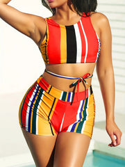 Boho Bikini Set Striped Print Tie Front Swimsuit