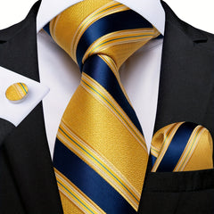 Classic Striped Tie Set Yellow Silk Woven Necktie Hanky Cufflinks