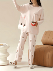 Bunny Print Pajama Set Long Sleeve Crew Neck Top & Pants Women's Sleepwear