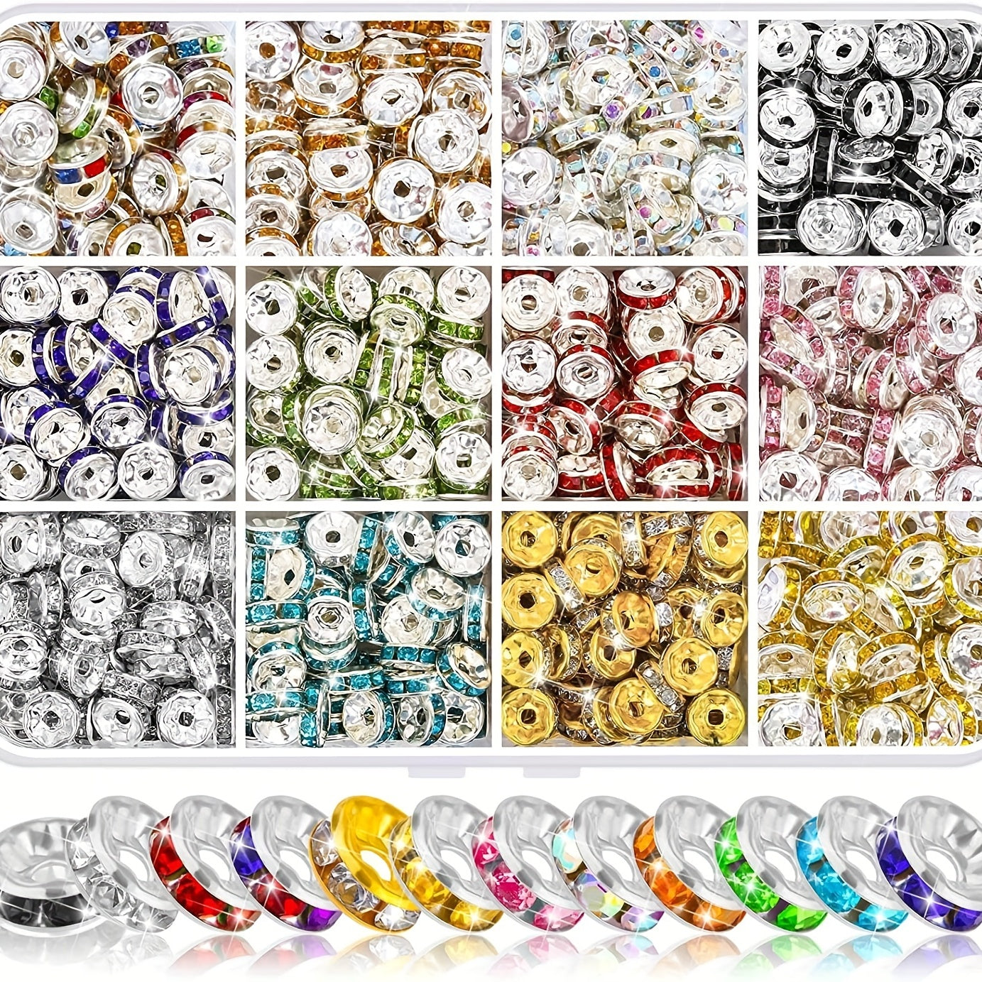 8mm Rhinestone Spacer Beads for Jewelry Making - 720pcs, 12 Colors