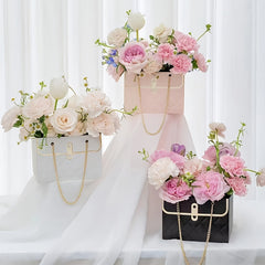 Flower Paper Box Paper Flower Gift Bags With Metal Chain Bouquet Storage Bucket