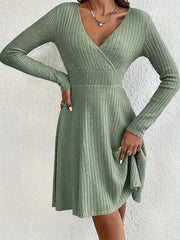 Solid Ribbed Long Sleeve Midi Dress