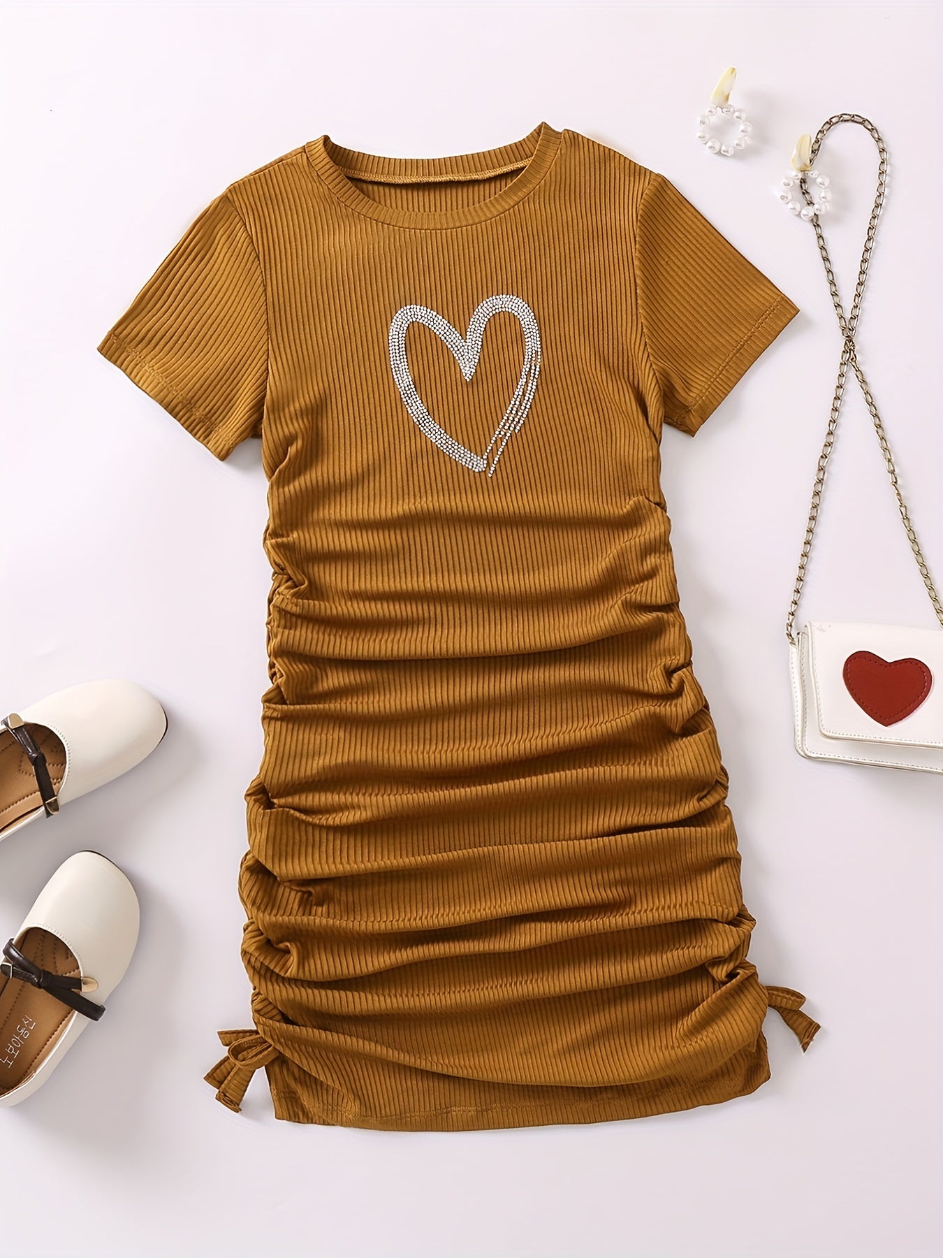 Girls Heart Graphic Ruched Knit Dress
