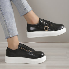 Women's PU Leather Casual Shoes Lightweight Low Top Lace Up Platform Sneakers