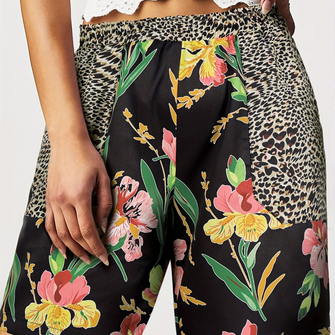 Leopard & Floral Print Boho Shorts Elastic Waist Summer Women's Clothing