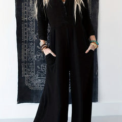 Button Up Long Sleeve Round Neck Wide Leg Jumpsuit