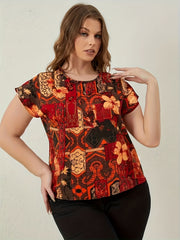 Boho Blouse Women's Plus Floral Print Short Sleeve Round Neck T