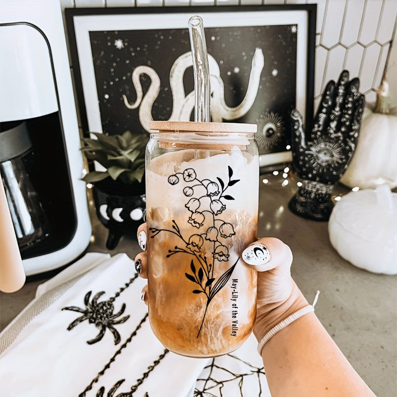 Birth Flower Glass Cup With Straw And Cleaning Brush